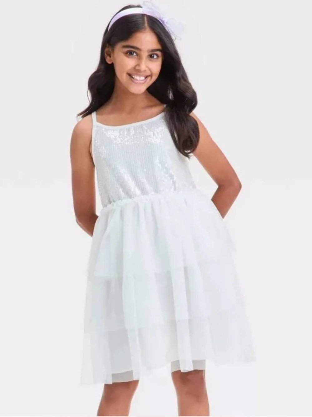 Cat & Jack Girls' Sleeveless Tiered Tulle
Sequin Dress - Cream White S